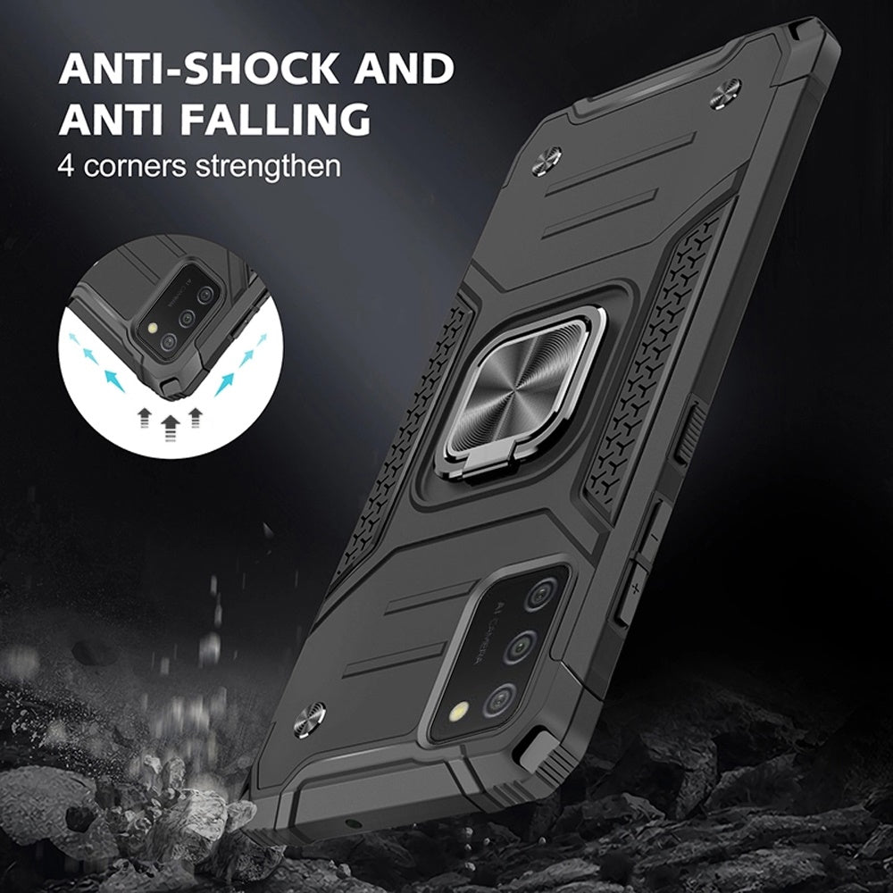 For Samsung Galaxy A02s Armor Hybrid with Ring Holder Kickstand Shockproof Heavy-Duty Durable Rugged Dual Layer Phone Case Cover