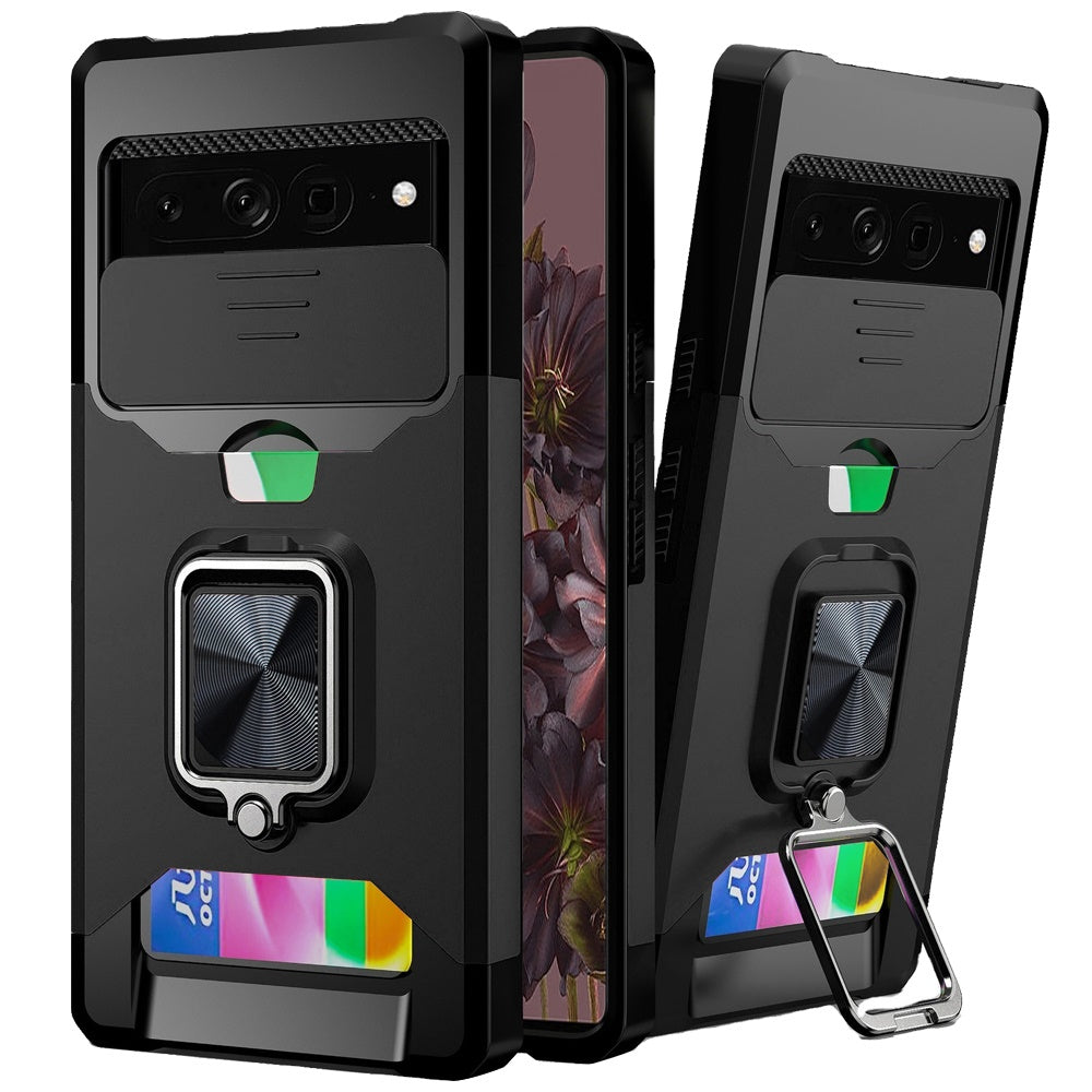 For Apple iPhone 11 (6.1") Wallet Case with Ring Stand & Slide Camera Cover Credit Card Slot Holder, Military Grade Hard Phone Case Cover