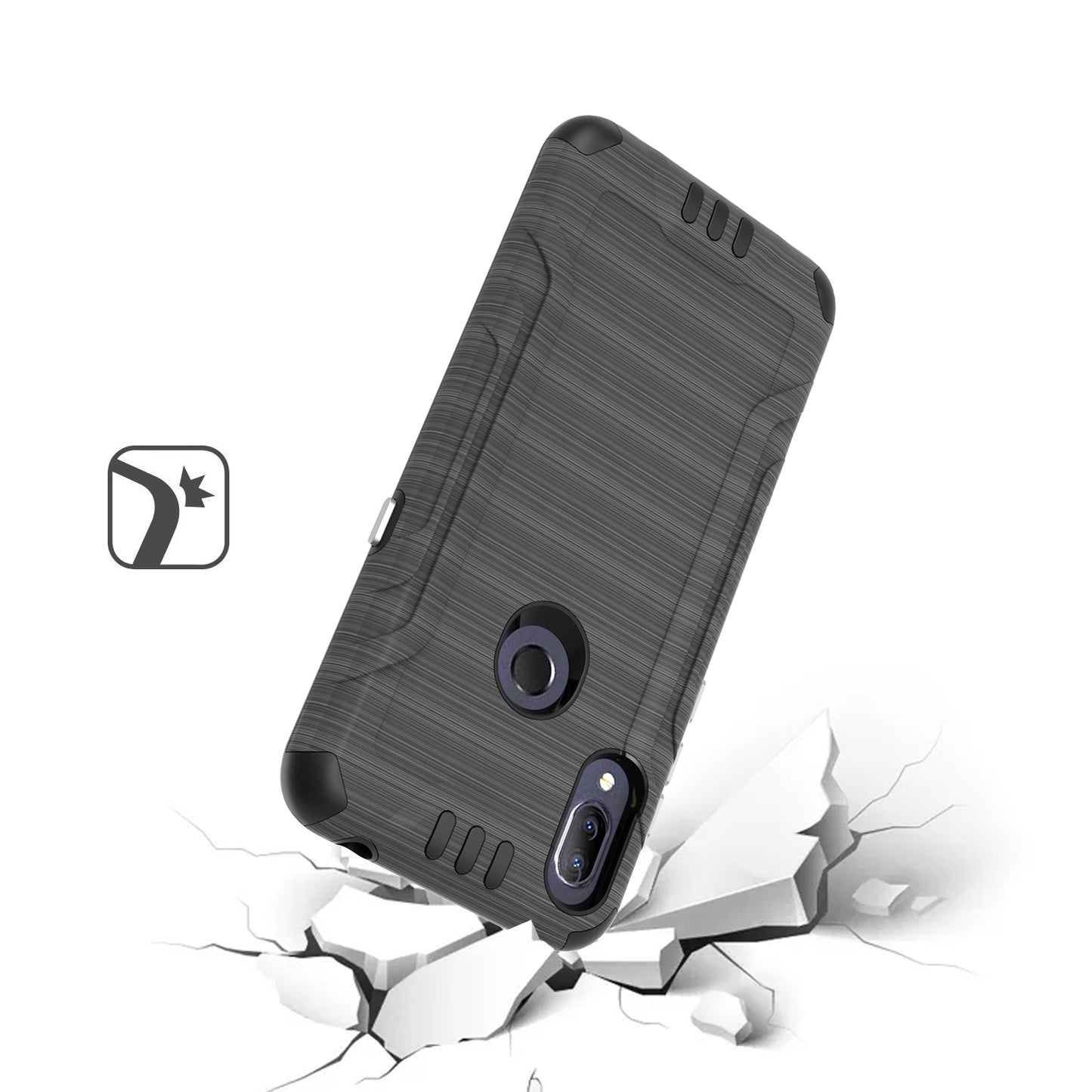 For AT&T Maestro 3 Hybrid Dual Layer Slim Metallic Brush Texture Hard PC TPU Rubber with Screen Protector Tempered Glass Phone Case Cover