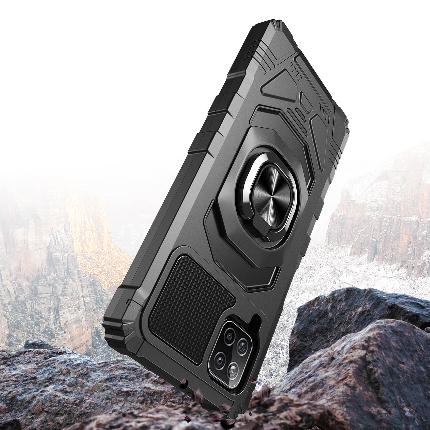 For Samsung Galaxy A12 5G Hybrid Dual Layer with Rotate Magnetic Ring Stand Holder Kickstand, Rugged Shockproof Anti-Scratch Protective Phone Case Cover