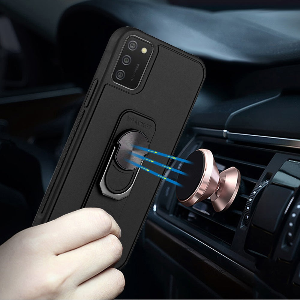 For Samsung Galaxy A02S Tuff Hybrid Solid Magnetic Ring Kickstand with Rotating Stand Heavy Duty PC + TPU Shockproof Phone Case Cover