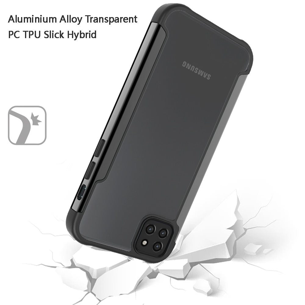 For Samsung Galaxy A22 5G Hybrid Aluminum Alloy Metal Clear Transparent Back PC TPU Bumper Frame Armor Shockproof Phone Case Cover