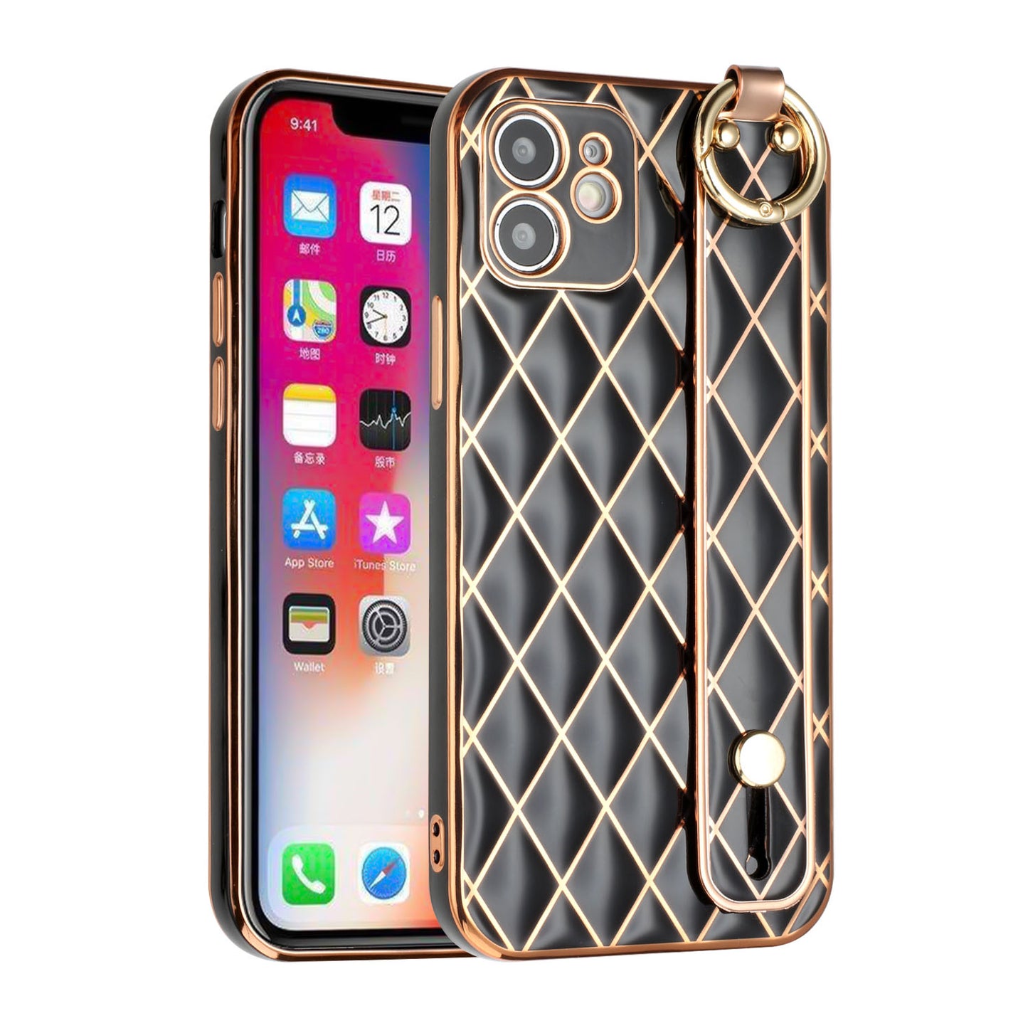For Apple iPhone 11 (6.1") Chromed Grid Design with Strap Holder Fashion Hybrid Rubber TPU Hard PC Slim Fit Phone Case Cover