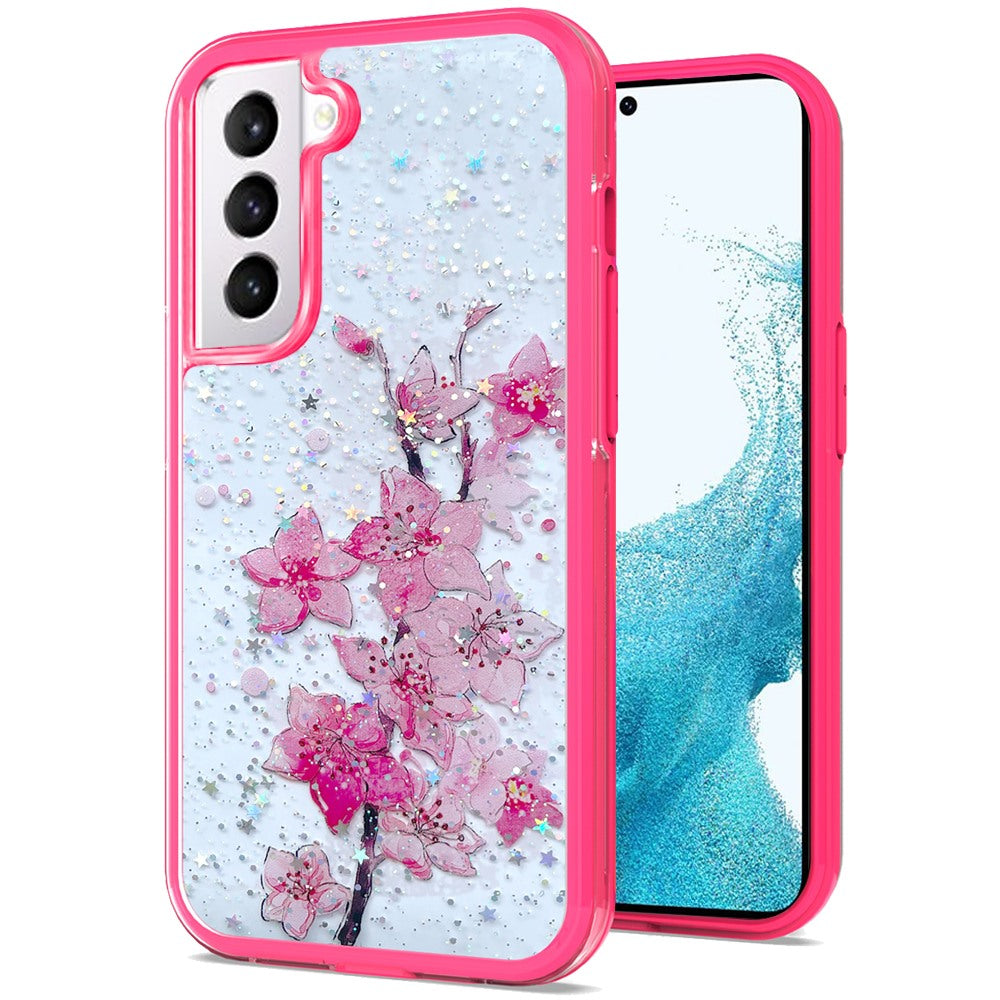 For Samsung Galaxy S22 Ultra Sakura Spring Flowers Design Colorful Frame Hybrid Rubber TPU Hard PC Shockproof Slim Phone Case Cover