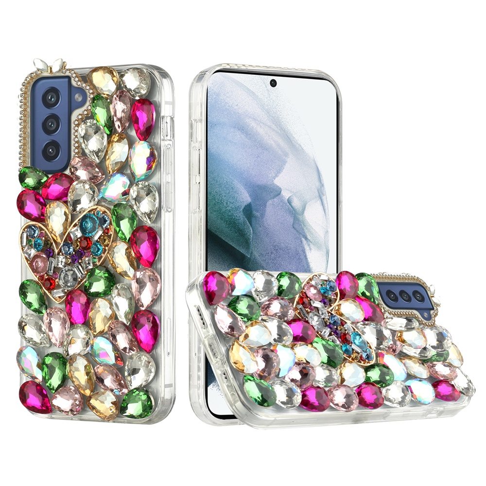 For Samsung Galaxy S21 Ultra Bling Clear Crystal 3D Full Diamonds Luxury Sparkle Rhinestone Hybrid Protective Colorful Heart Phone Case Cover