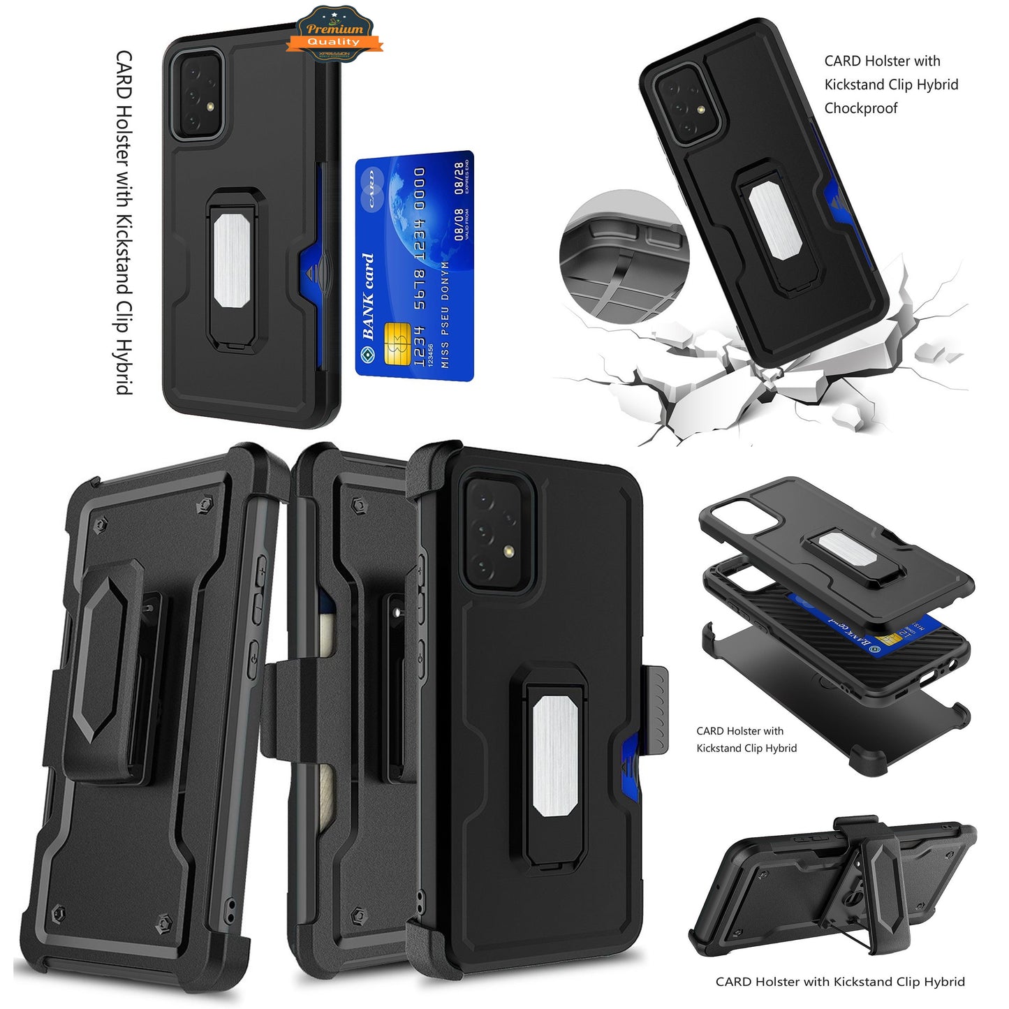 For Samsung Galaxy A12 5G Armor Belt Clip with Credit Card Holder, Holster, Kickstand Protective Full Body Heavy Duty Hybrid Phone Case Cover