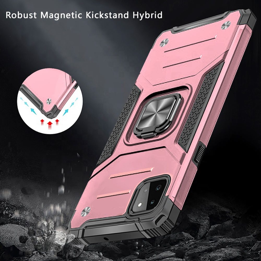 For Samsung Galaxy A22 5G Armor Hybrid with Ring Holder Kickstand Shockproof Heavy-Duty Durable Rugged Dual Layer Hard PC Rose Gold Phone Case Cover
