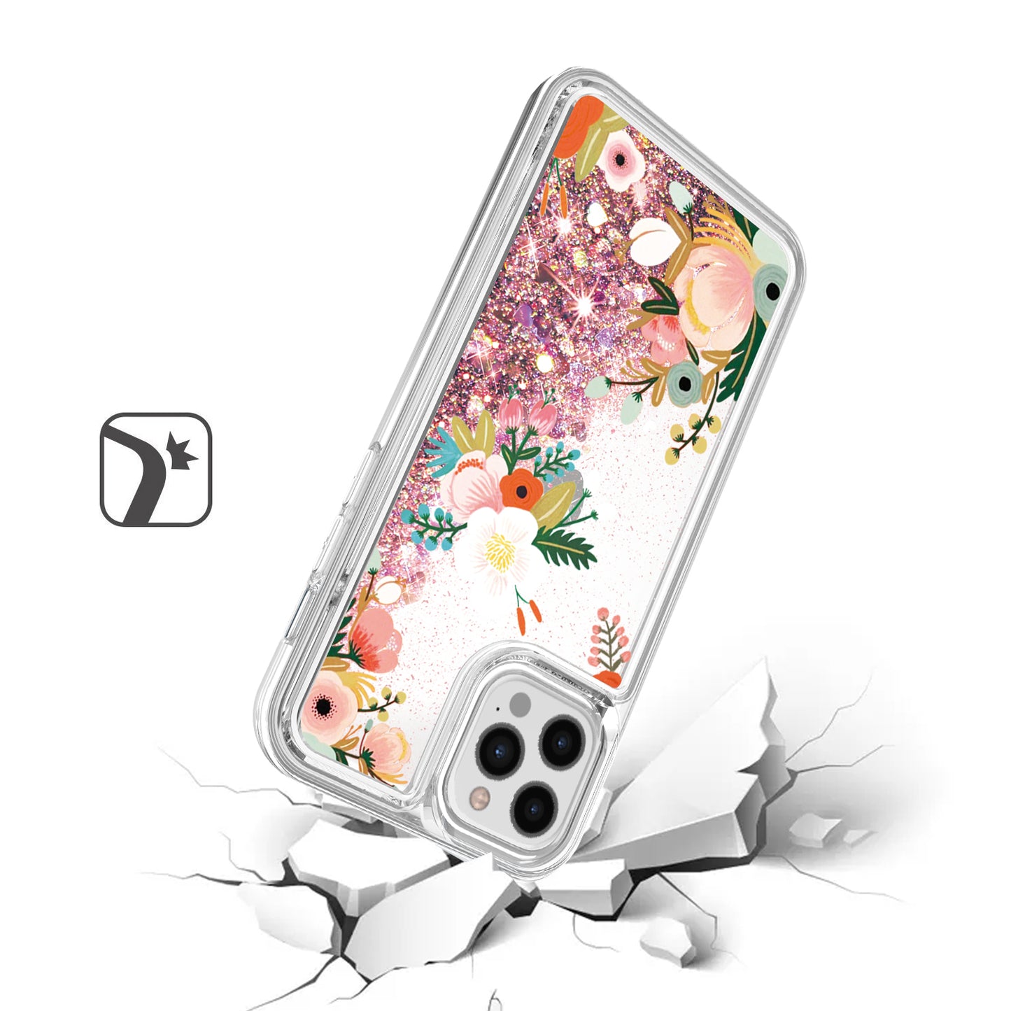 For Apple iPhone 13 Pro Max (6.7") Waterfall Quicksand Flowing Liquid Water Glitter Flower Design Bling Shockproof TPU Hybrid Protective Phone Case Cover