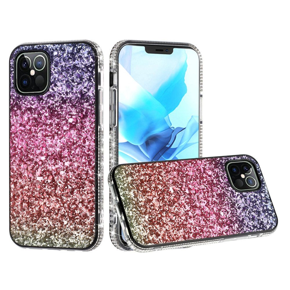 For Apple iPhone 14 /Plus Pro Max Rhinestone Sparkling Rainbow Gradual Glitter Full Diamonds Bling Hybrid Rugged Phone Case Cover