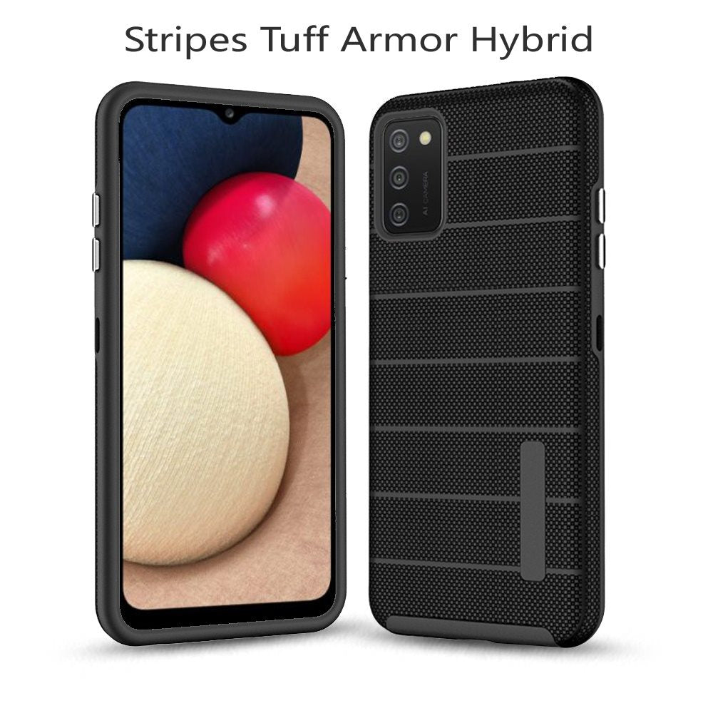 For Samsung Galaxy A02s Hybrid Tuff Armor Stripes Rugged Texture Rubber Dual Layers TPU+PC Scratch-Resistant Drop Protection Phone Case Cover