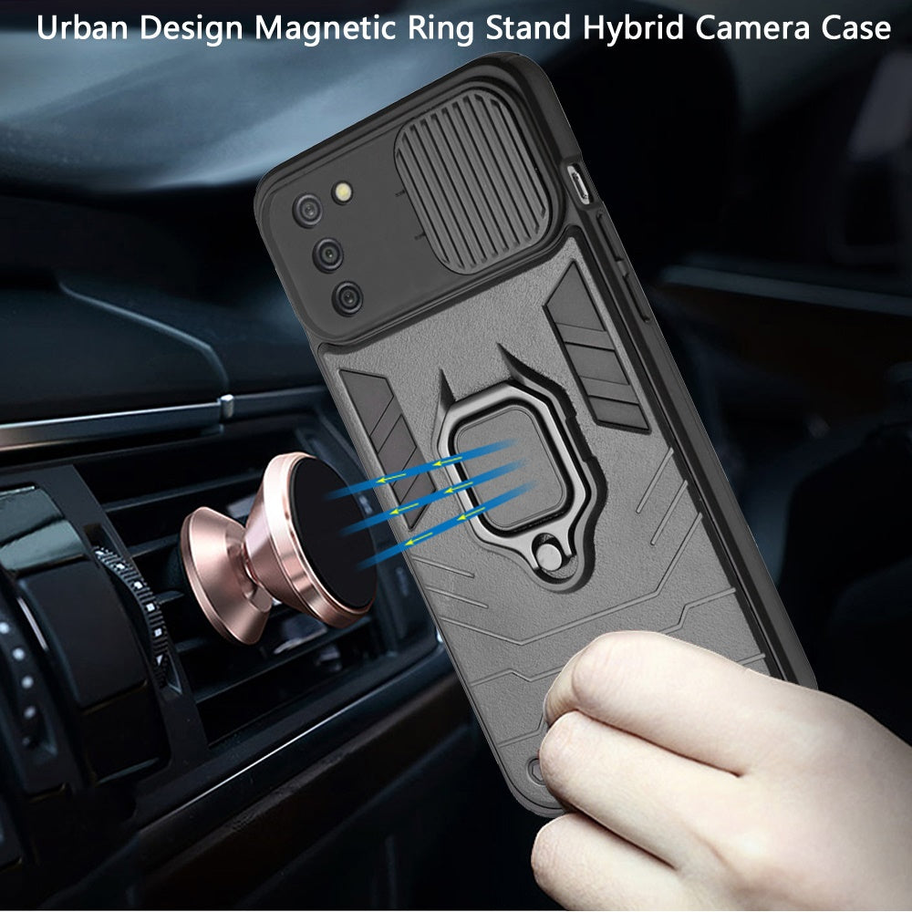 For Samsung Galaxy A02S Kickstand Hybrid with Slide Camera Protector, Built-in 360° Rotate Ring Stand Magnetic PC & TPU Bumper Phone Case Cover