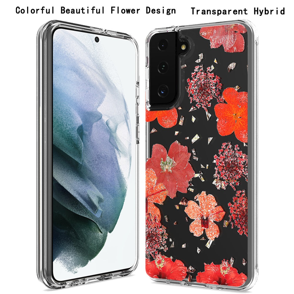For Samsung Galaxy S22 /Plus Ultra Glitter Floral Print Pattern Clear Design Shockproof Hybrid Fashion Sparkle Rubber TPU Bumper Phone Case Cover