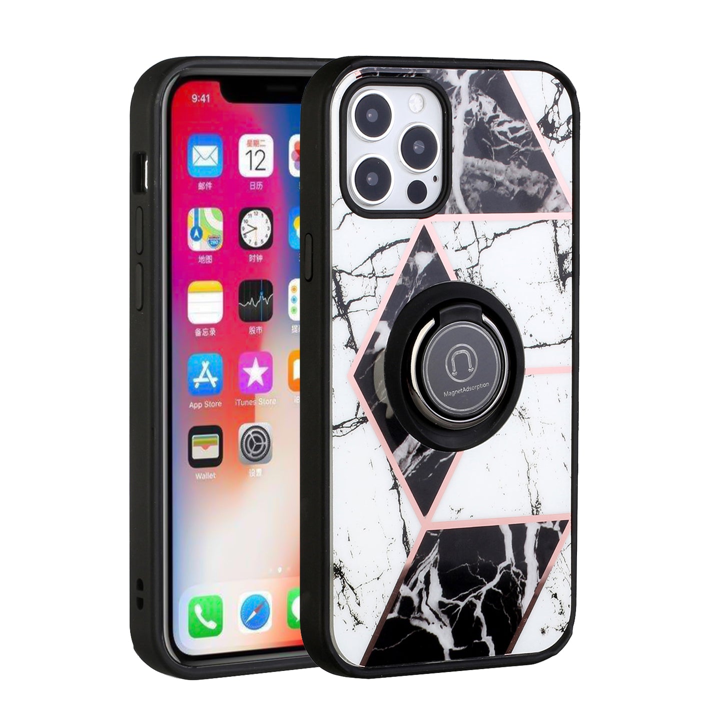 For Apple iPhone SE 2022 /SE 2020/8/7 Unique Marble Design with Magnetic Ring Kickstand Holder Hybrid TPU Shockproof Phone Case Cover