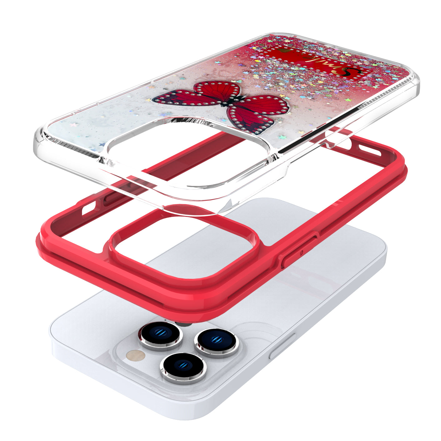 For Samsung Galaxy S22 /Plus Ultra Butterfly Smile Glitter Bling Sparkle Epoxy Glittering Shining Hybrid Hard PC TPU Silicone Slim Phone Case Cover