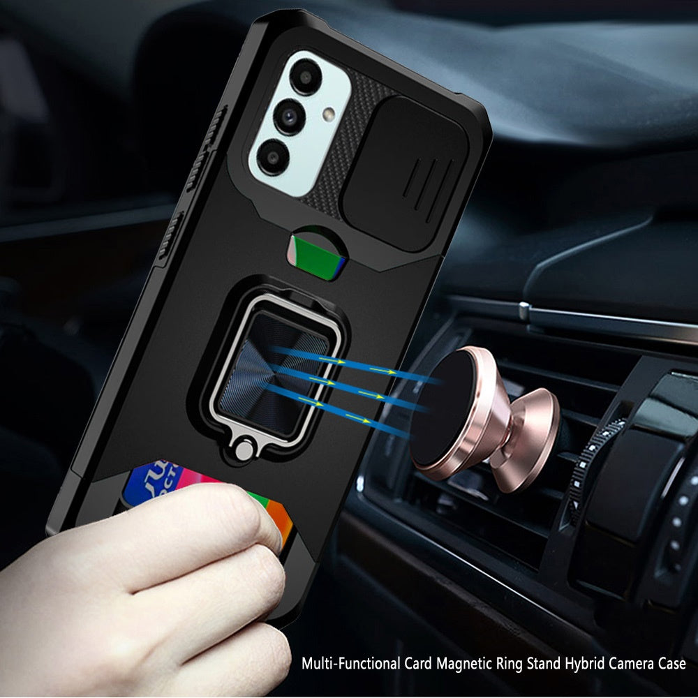 For Samsung Galaxy A13 4G 2022 Wallet Case with Ring Stand & Slide Camera Cover Credit Card Holder, Military Grade Hard Phone Case Cover