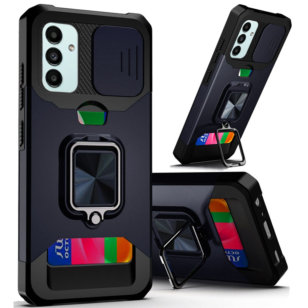 For Samsung Galaxy A13 4G 2022 Wallet Case with Ring Stand & Slide Camera Cover Credit Card Holder, Military Grade Hard Phone Case Cover