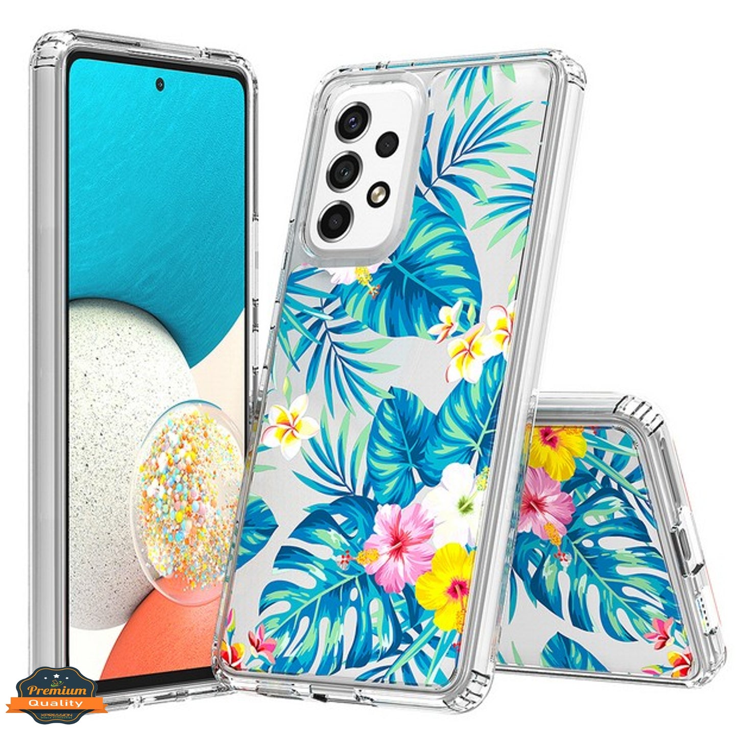 For Samsung Galaxy A23 5G Floral Patterns Design Transparent TPU Silicone Shock Absorption Bumper Hard PC Back Phone Case Cover