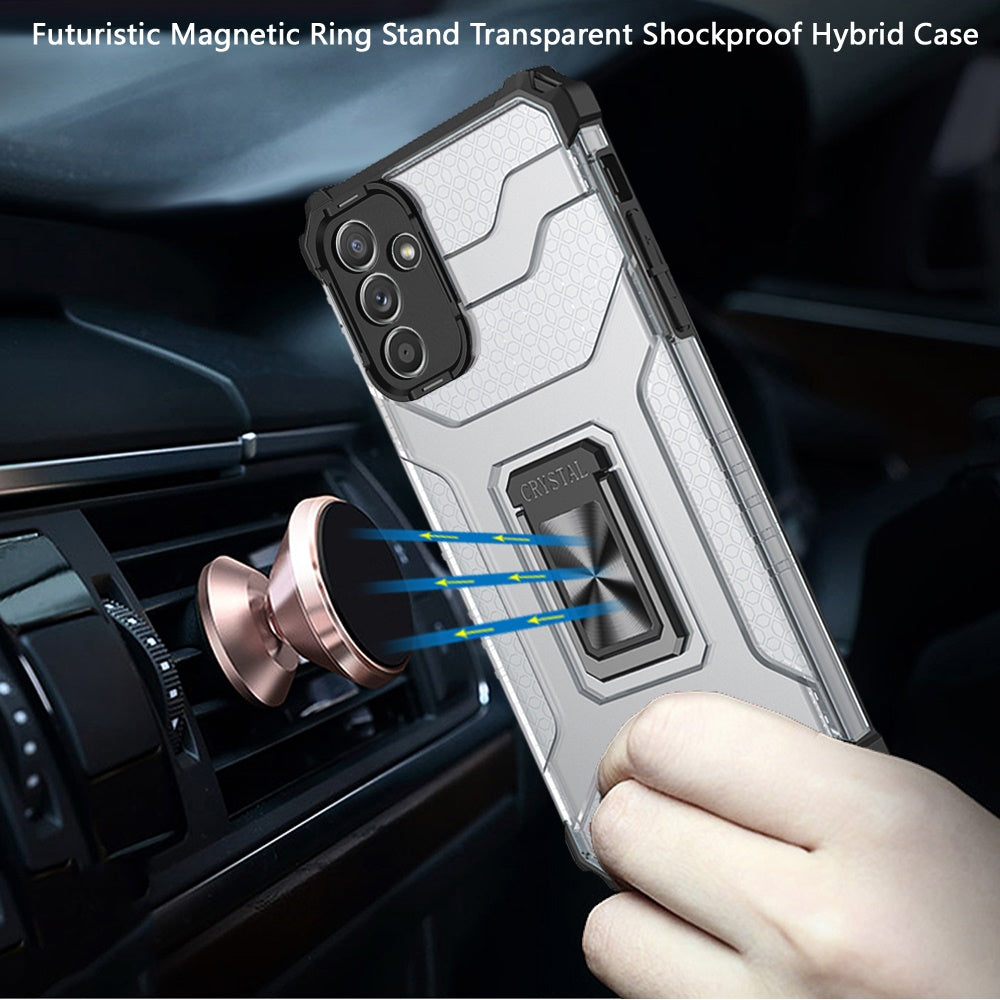 For Samsung Galaxy A02S Transparent 360 Rotation Built-in Magnetic Ring Kickstand Holder Hybrid Rugged Armor Bumper Phone Case Cover