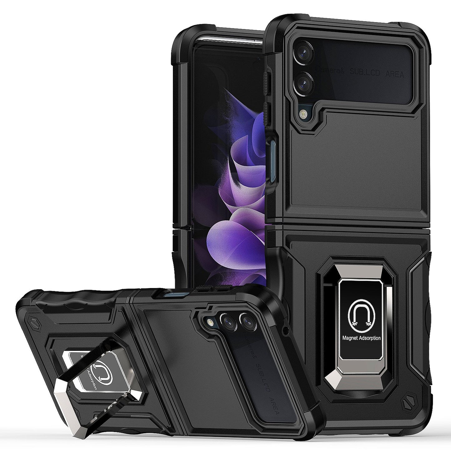 For Samsung Galaxy Z Flip 3 5G Hybrid with Magnetic Ring Holder Stand Kickstand Heavy Duty Rugged Drop Silicone Shockproof Phone Case Cover