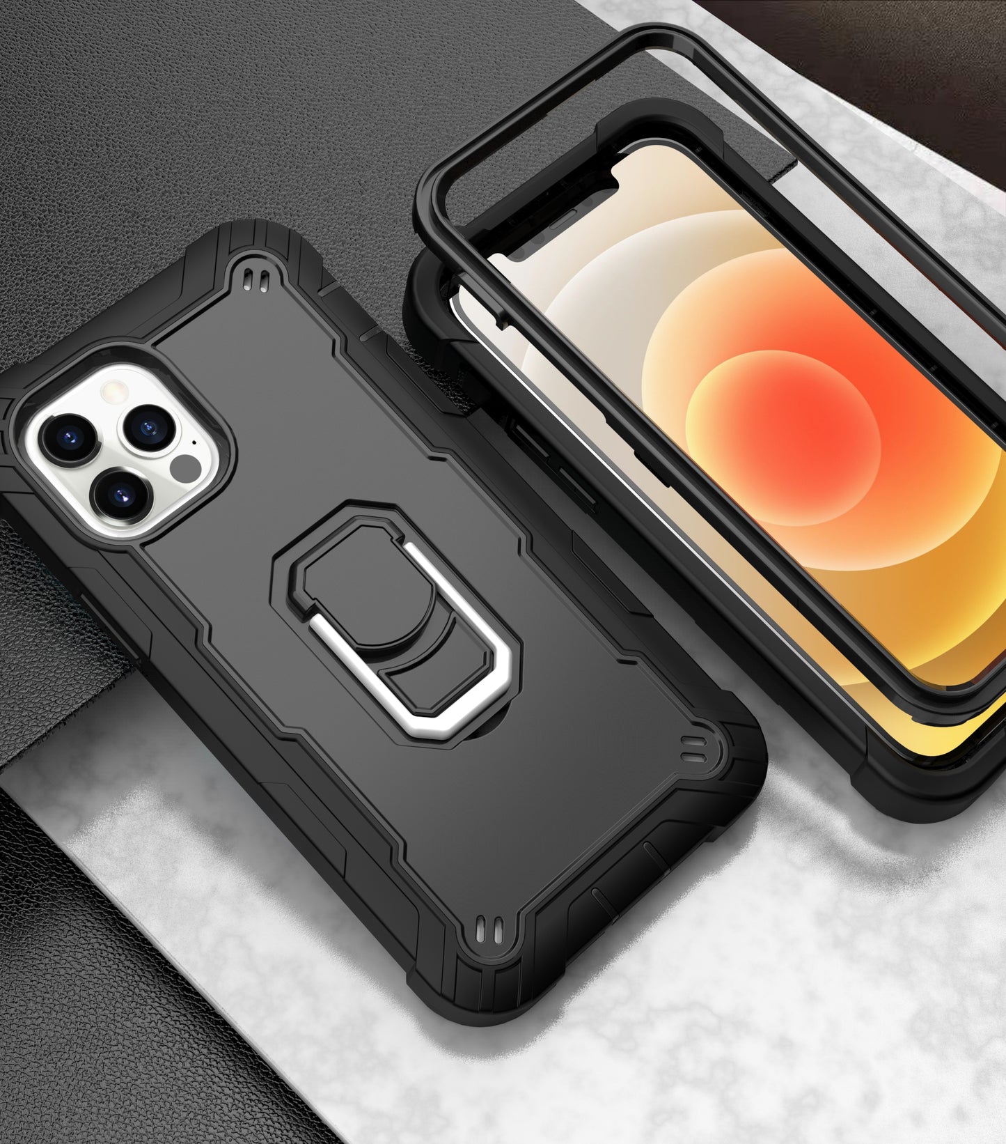For Apple iPhone 12 Pro Max (6.7") Hybrid 3 Layers with 360° Rotatable Ring Kickstand Holder Heavy Duty Hard PC Soft Silicone Shockproof Phone Case Cover
