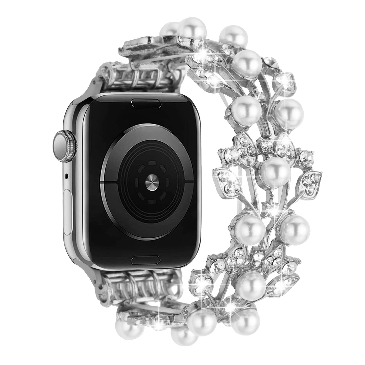 For Apple Watch Size 42/44/45mm Pearl Diamond Bling Zinc Alloy Wristband Watch Band Strap for iWatch Series 8/7/SE/6/5/4/3/2/1/SE (2022) Phone Case Cover