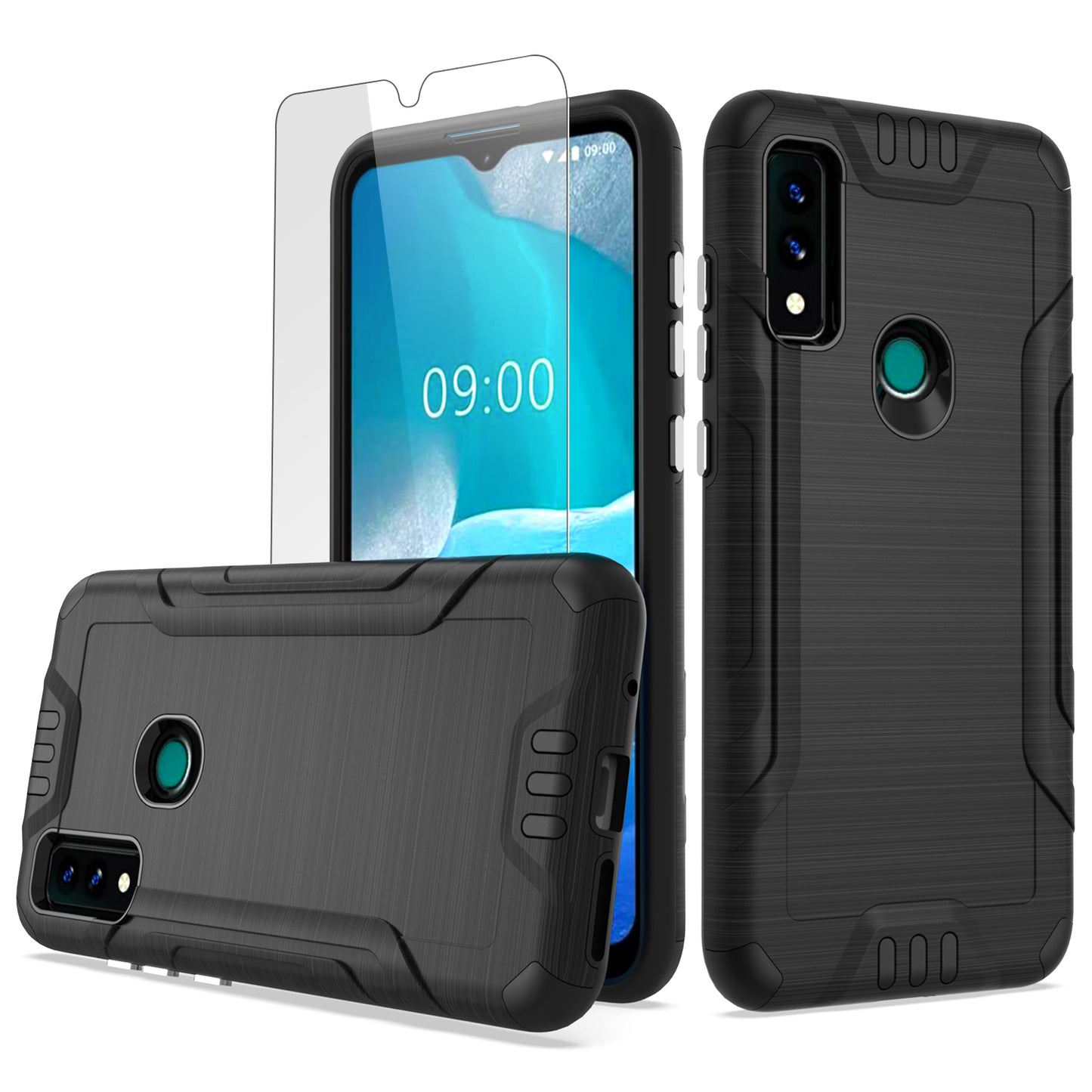 For AT&T Maestro 3 Hybrid Dual Layer Slim Metallic Brush Texture Hard PC TPU Rubber with Screen Protector Tempered Glass Phone Case Cover
