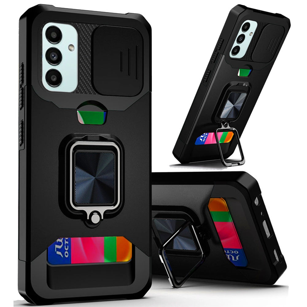 For Samsung Galaxy A13 4G 2022 Wallet Case with Ring Stand & Slide Camera Cover Credit Card Holder, Military Grade Hard Phone Case Cover