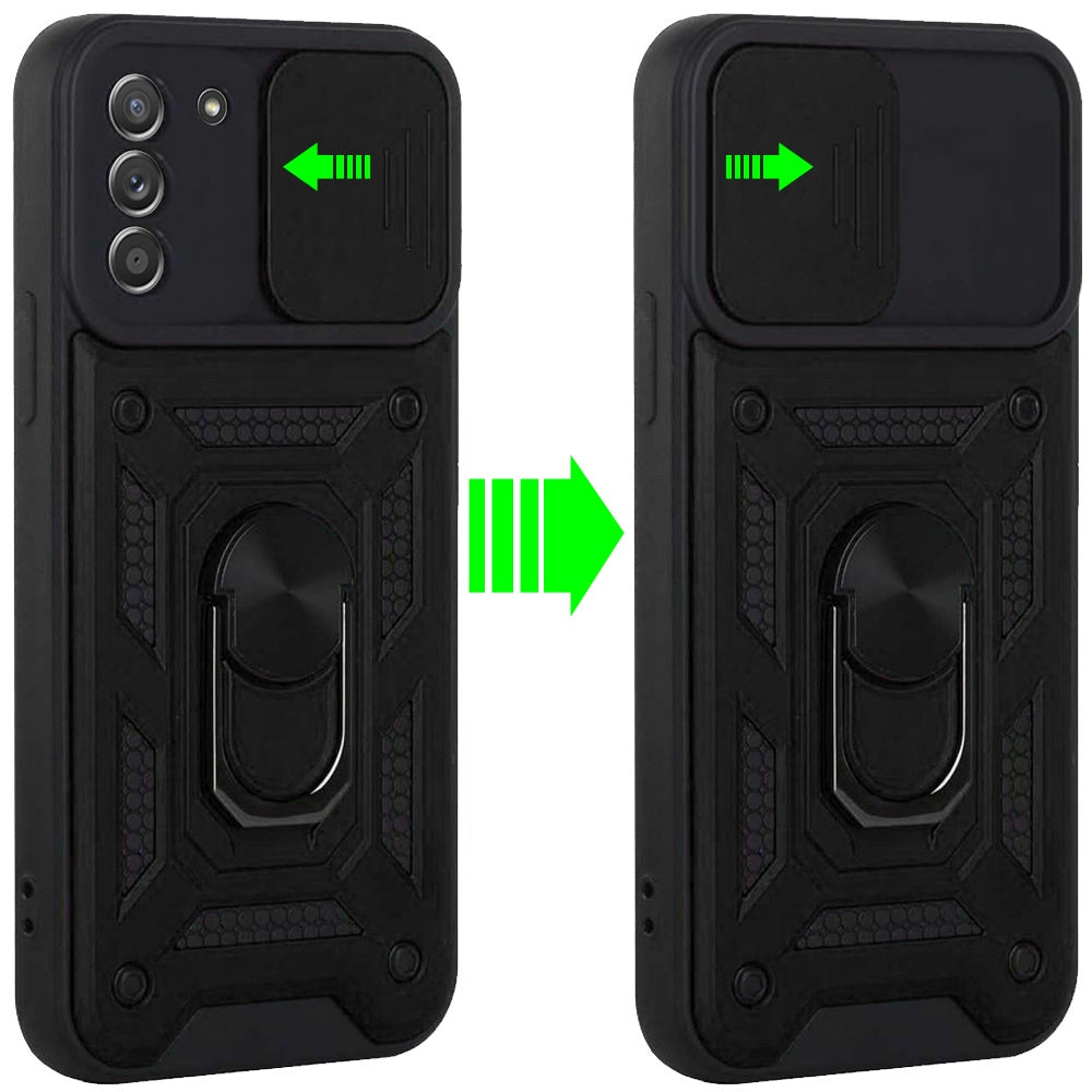 For Samsung Galaxy A02S Hybrid Cases with Slide Camera Lens Cover and Ring Holder Kickstand Rugged Dual Layer Heavy Duty Phone Case Cover