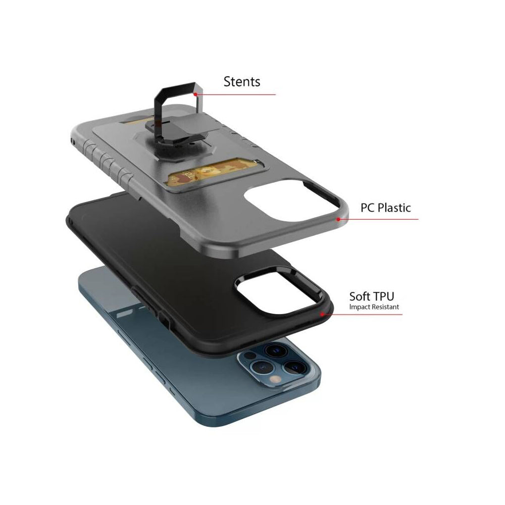 For Apple iPhone 13 /Pro Max Credit Card Holder Slot with Stand Kickstand Ring Hybrid Heavy Duty Defender Armor TPU Military Grade Phone Case Cover