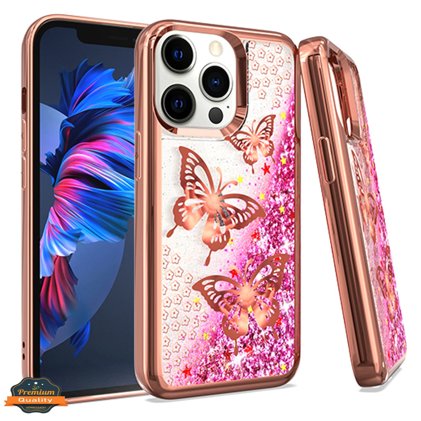 For Apple iPhone 13 /Pro Max Mini Quicksand Liquid Glitter Bling Flowing Sparkle Fashion Hybrid Rubber TPU and Chrome Plating Hard PC Phone Case Cover