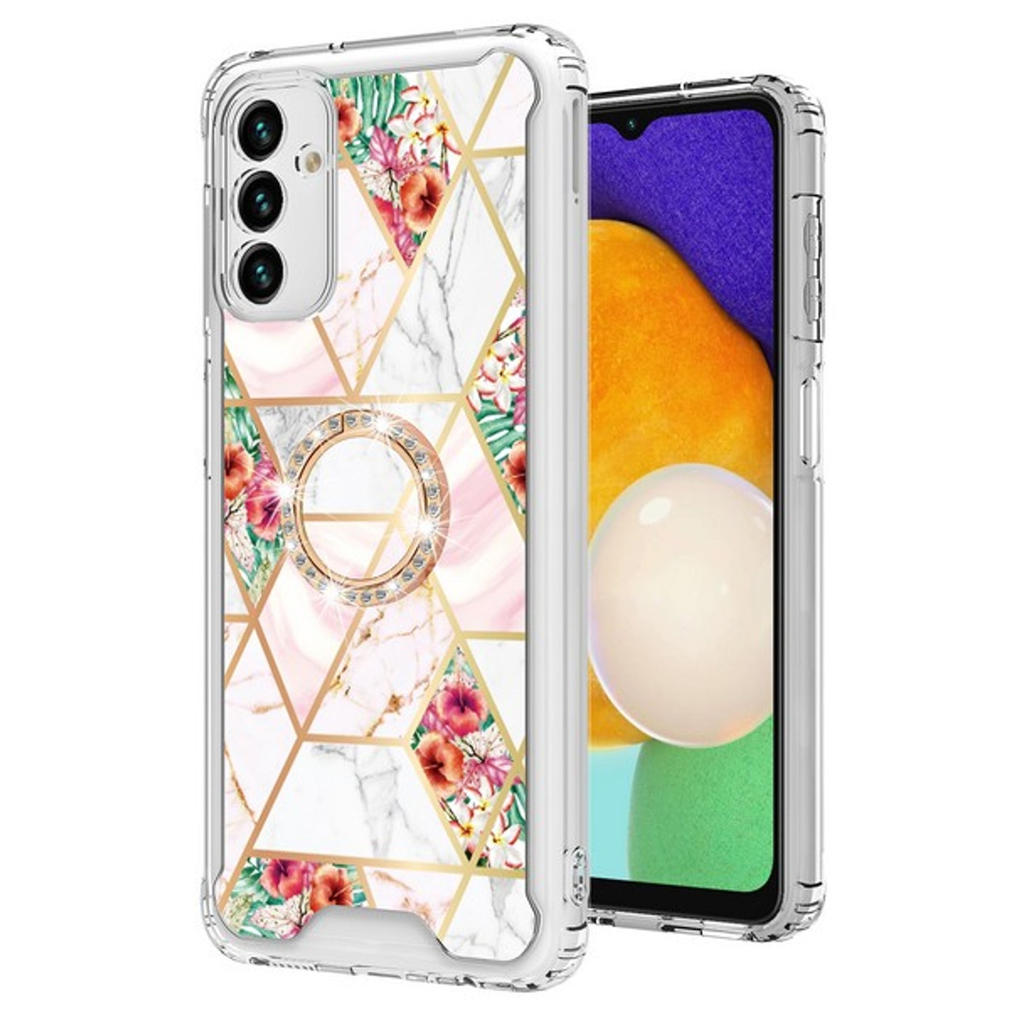 For Samsung Galaxy A13 5G Fashion Design Pattern Flowers Hybrid Ring Kickstand Bling Diamond Hard PC + TPU Phone Case Cover
