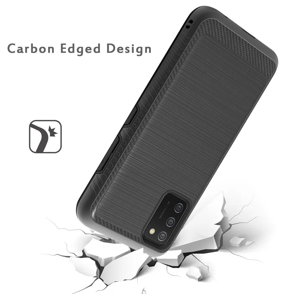 For Samsung Galaxy A02S Slim Thin Protective Hybrid TPU 2-Piece Bumper Shockproof with Brushed Metal Texture Carbon Fiber Hard PC Back Phone Case Cover