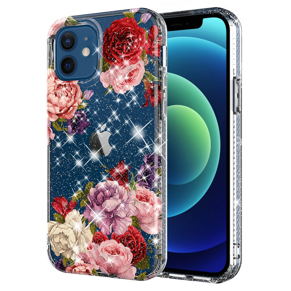 For Apple iPhone 11 /11 Pro Max Slim Hybrid Shiny Glitter Clear Floral Pattern Bloom Flower Design TPU Gel Hard PC Back Phone Case Cover
