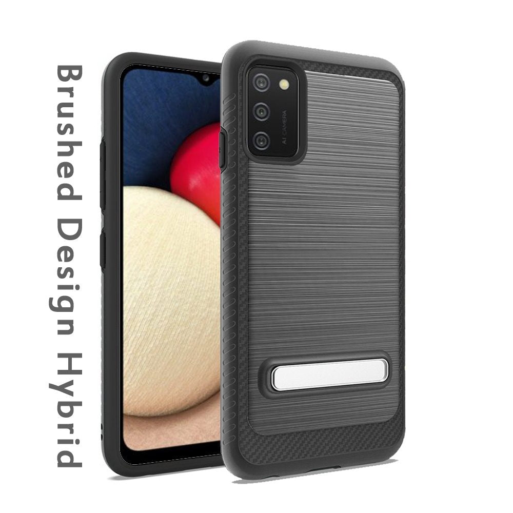 For Samsung Galaxy A02S Slim Brushed Hybrid Shock-Absorption Armor Edged Carbon Fiber with Metal Kickstand Rugged Texture Phone Case Cover