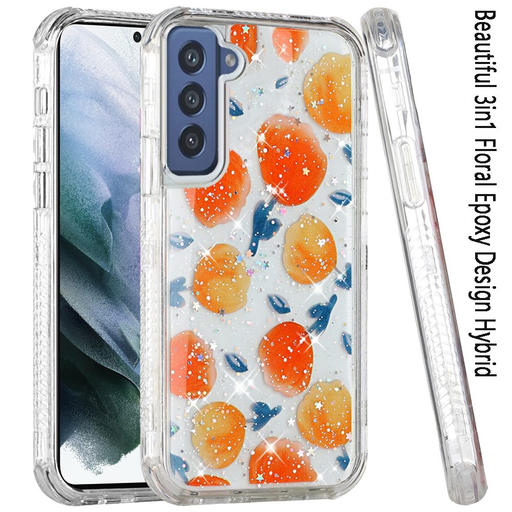 For Samsung Galaxy S21 FE /Fan Edition Sparkle Glitter Floral Epoxy Design Shockproof Hybrid Fashion Bling Rubber TPU Phone Case Cover