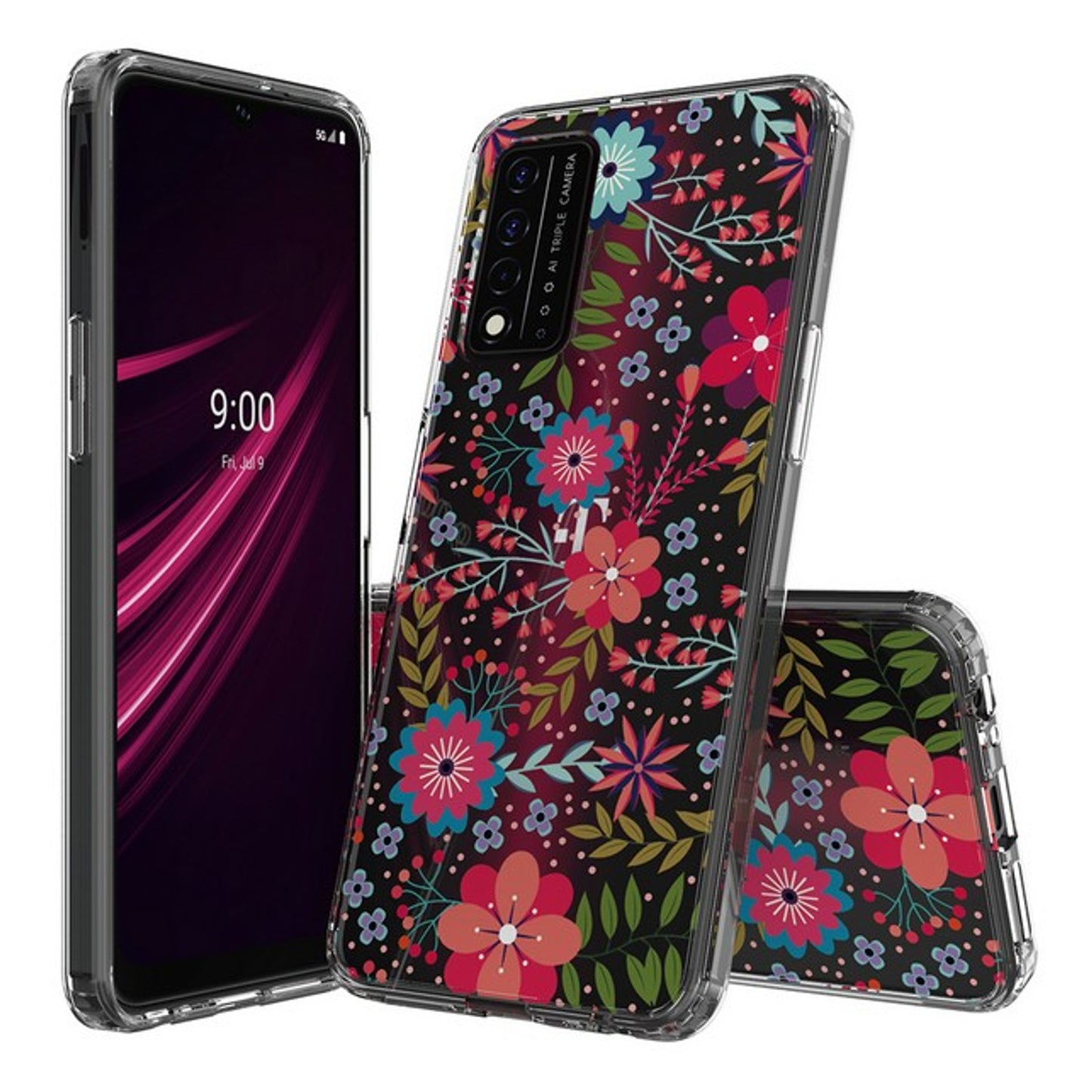 For Samsung Galaxy A03 Core Floral Patterns Design Transparent Silicone Shock Absorption Bumper Slim Hard PC Back Phone Case Cover