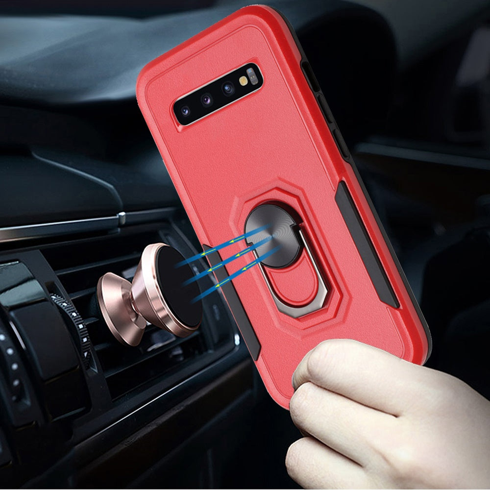 For Samsung Galaxy S10 Hybrid Tough Strong Dual Layer Hard PC TPU with Flat Magnetic Ring Kickstand Heavy-Duty Armor Red Phone Case Cover