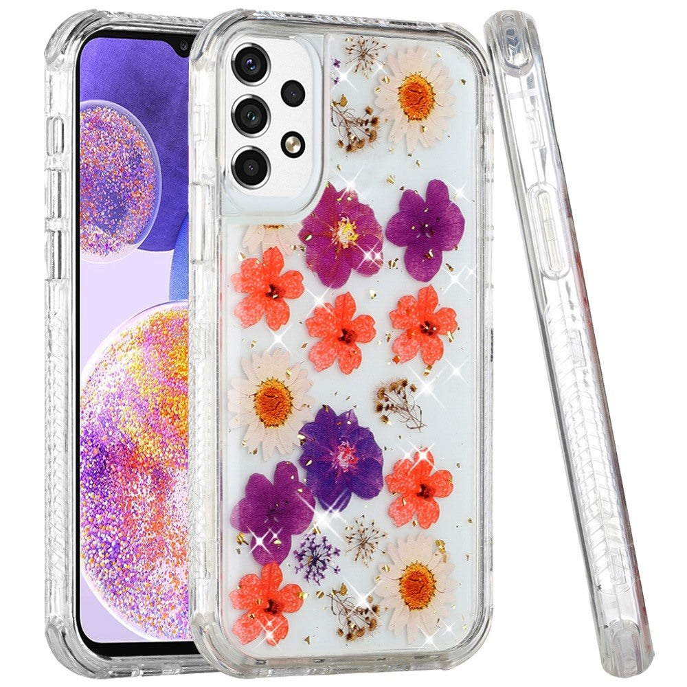 For Samsung Galaxy A23 5G Sparkle Glitter Floral Epoxy Design Shockproof Hybrid Fashion Bling Rubber TPU & Hard PC Phone Case Cover
