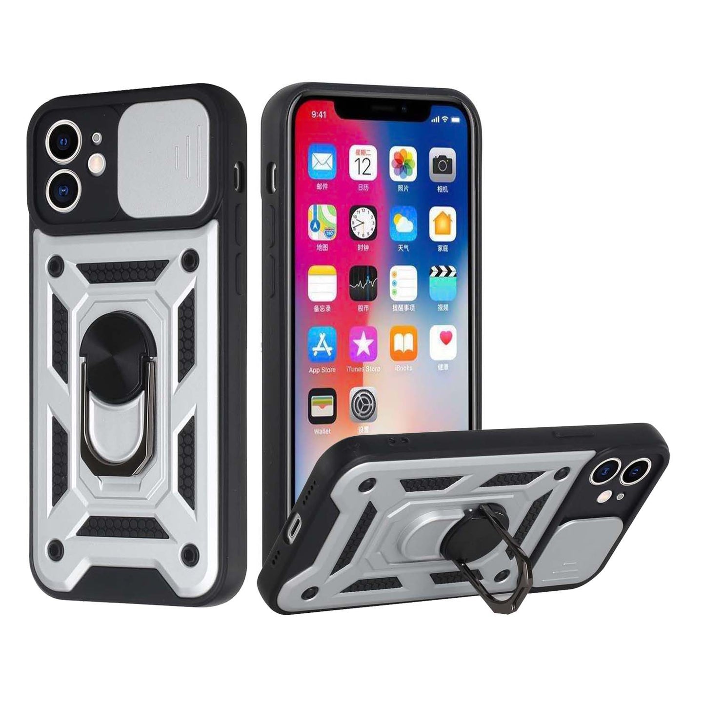 For Apple iPhone SE 2022 /SE 2020/8/7 Hybrid Cases with Camera Lens Cover, Ring Kickstand Rugged Dual Layer Heavy Duty Silver Phone Case Cover