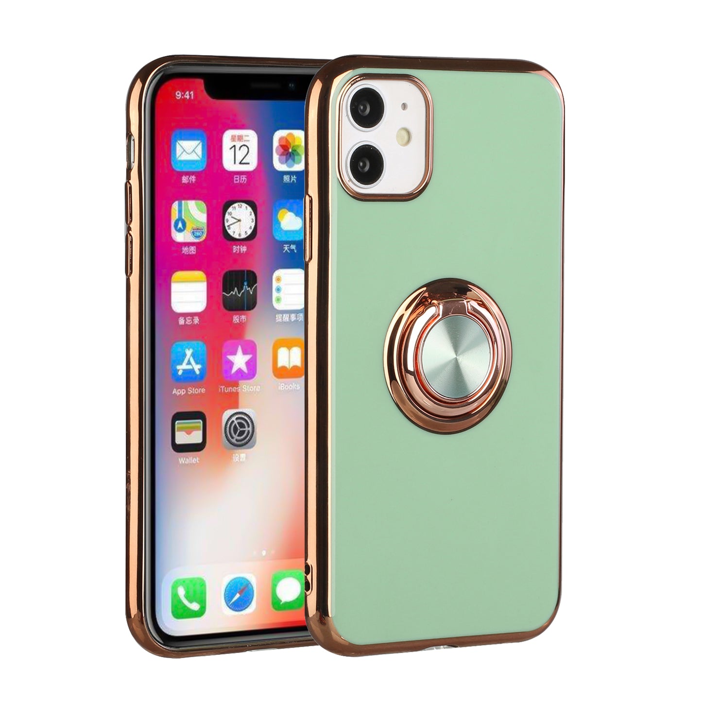 For Apple iPhone 11 (6.1") Slim Hybrid Metal Finger Ring Stand Electroplated Edges TPU Frame Shock-Absorption Bumper Phone Case Cover
