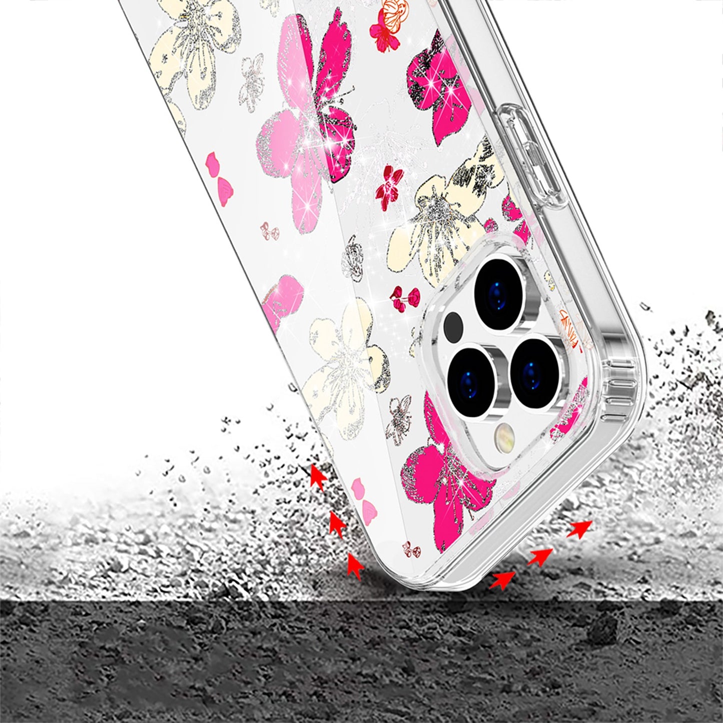 For Apple iPhone 14 (6.1") Beautiful Laser Clear Bling Glitter Design Pattern Hybrid Gummy Hard PC and TPU Phone Case Cover