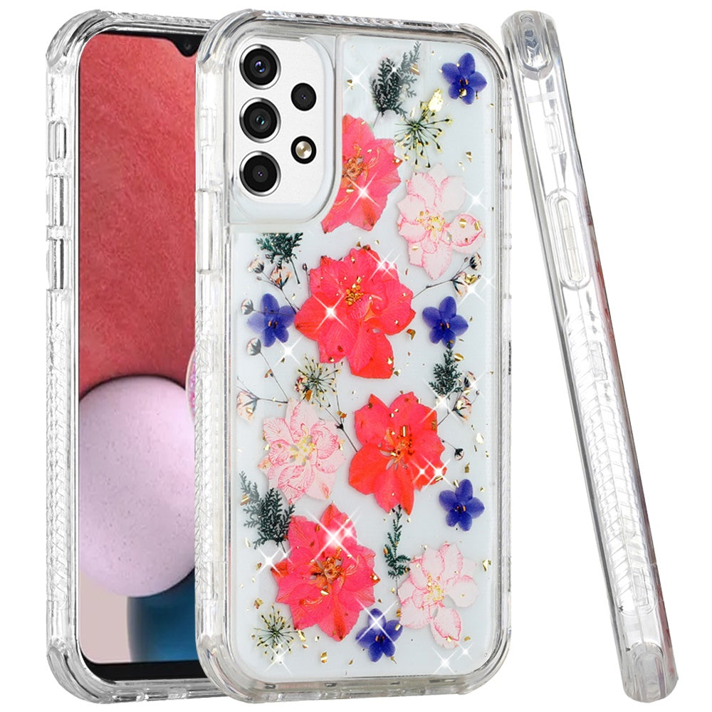 For Samsung Galaxy A13 4G Beautiful Sparkle Glitter Floral Epoxy Design Shockproof Hybrid Fashion Bling Rubber TPU Phone Case Cover
