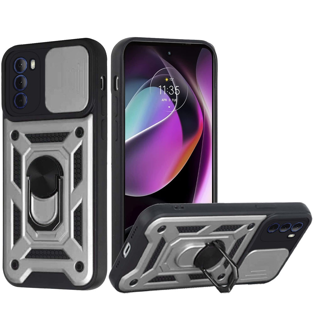 For Motorola Moto G 5G 2022 Hybrid Ring Holder Kickstand with Slide Camera Lens Cover, Rugged Dual Layer Heavy Duty Silver Phone Case Cover
