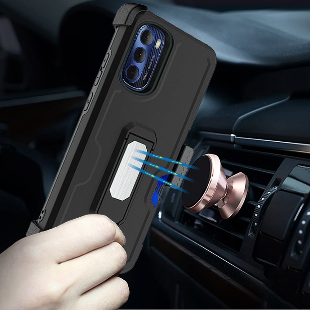 For Motorola Moto G 5G 2022 Armor Belt Clip with Credit Card Holder ID Slot, Holster, Kickstand Full Body Heavy Duty Hybrid Phone Case Cover