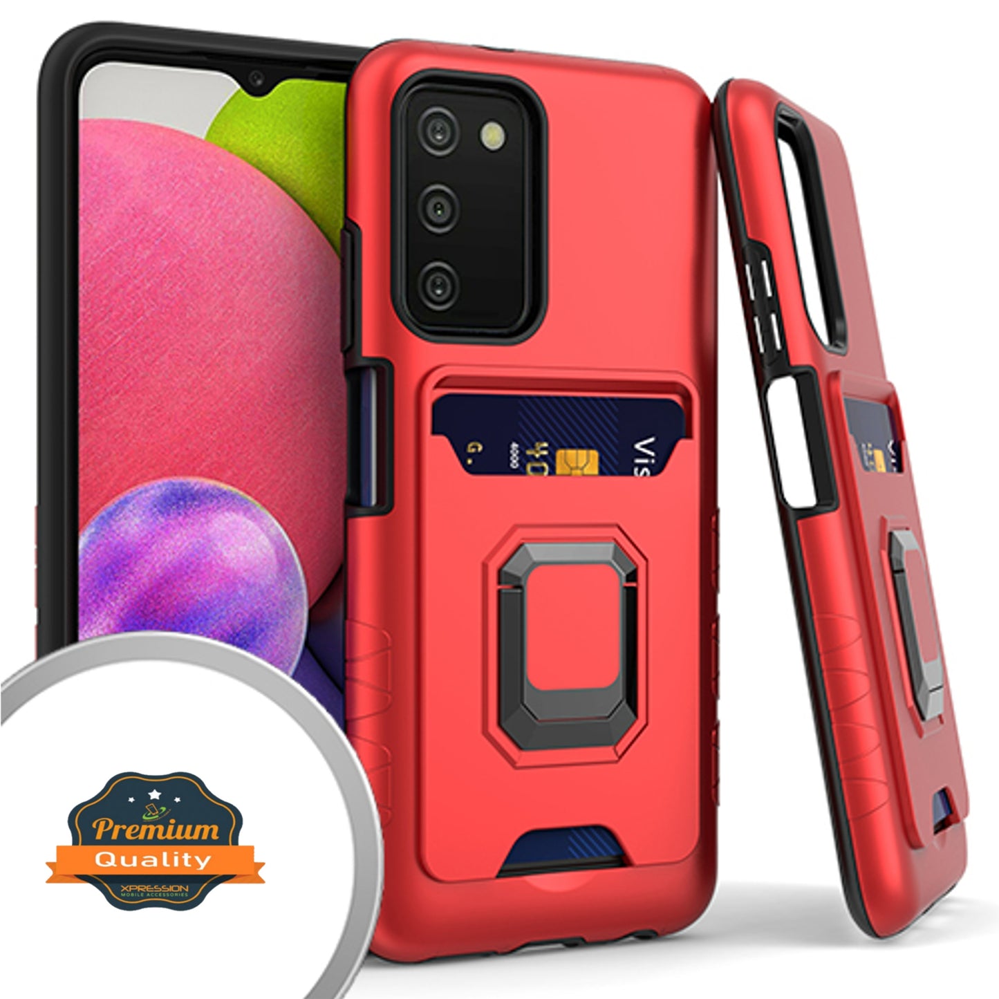 For Samsung Galaxy A03s (2022) Wallet Credit Card Slot Holder with Metal Ring Kickstand Heavy Duty Shockproof Hybrid Dual Layer Magnetic Stand Phone Case Cover