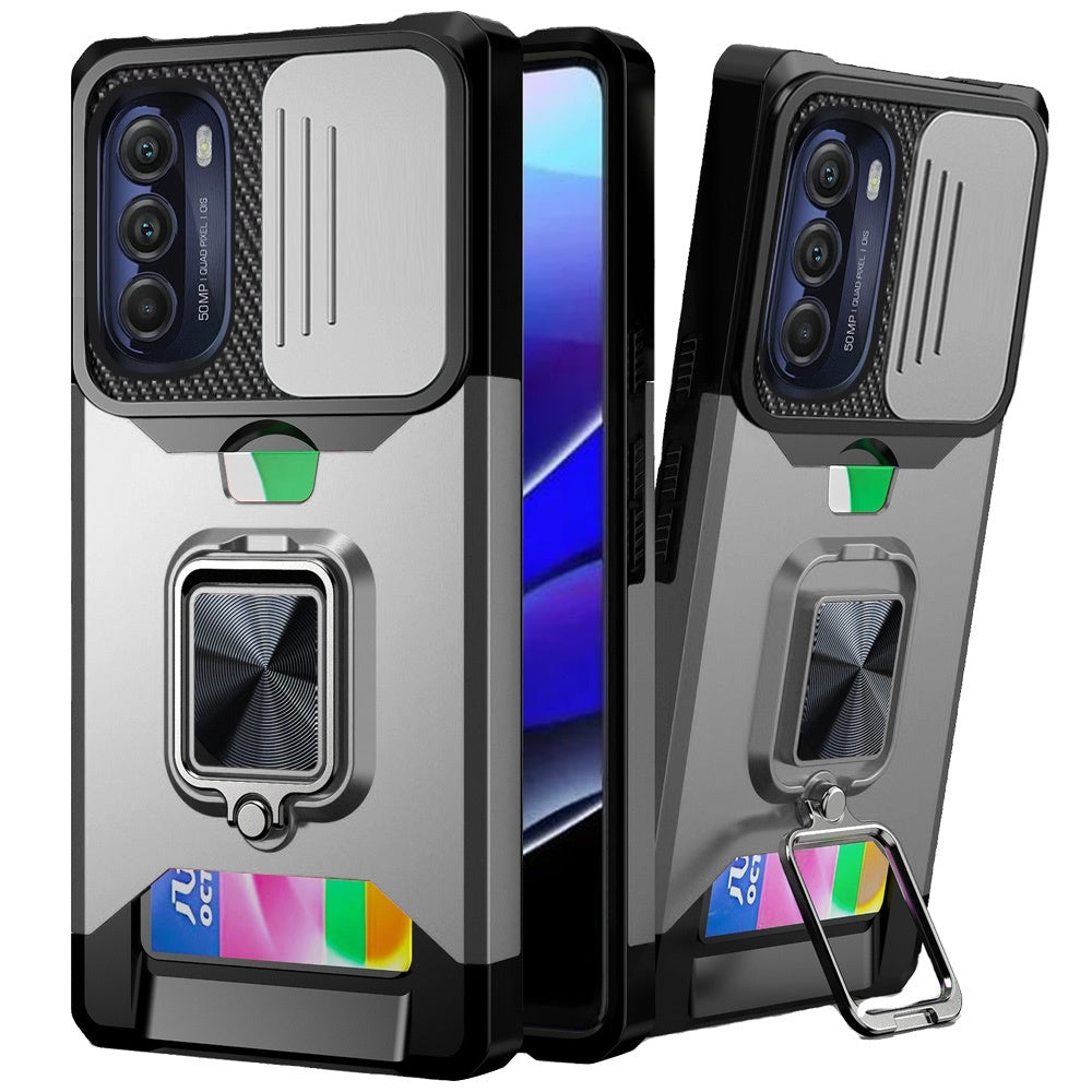 For Motorola Moto G Stylus 5G 2022 Wallet Case with Ring Stand & Slide Camera Cover Credit Card Holder Hard Shockproof Phone Case Cover