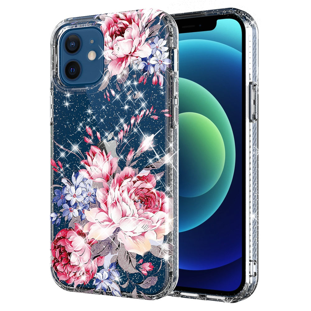 For Apple iPhone 11 /11 Pro Max Slim Hybrid Shiny Glitter Clear Floral Pattern Bloom Flower Design TPU Gel Hard PC Back Phone Case Cover