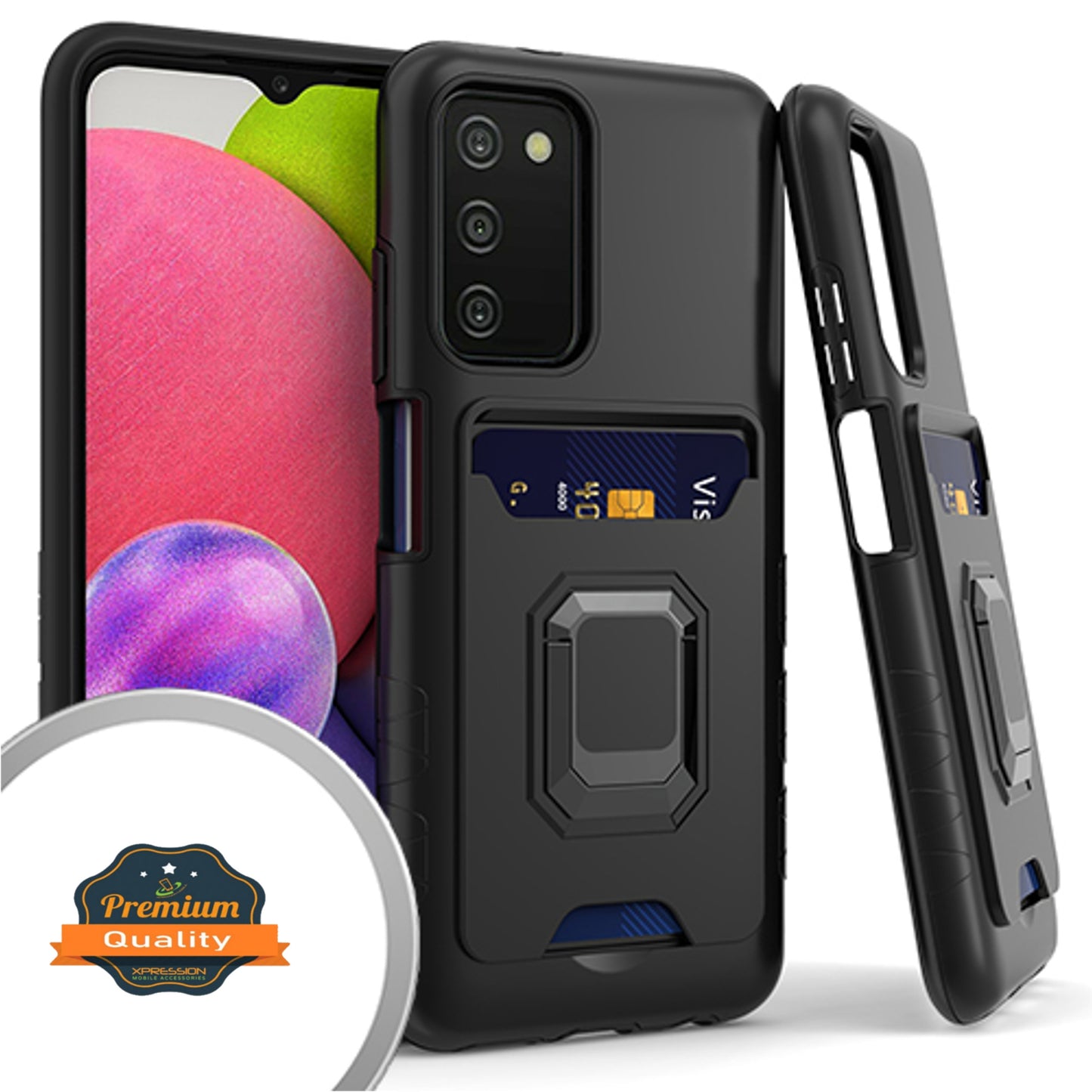 For Samsung Galaxy A03s (2022) Wallet Credit Card Slot Holder with Metal Ring Kickstand Heavy Duty Shockproof Hybrid Dual Layer Magnetic Stand Phone Case Cover