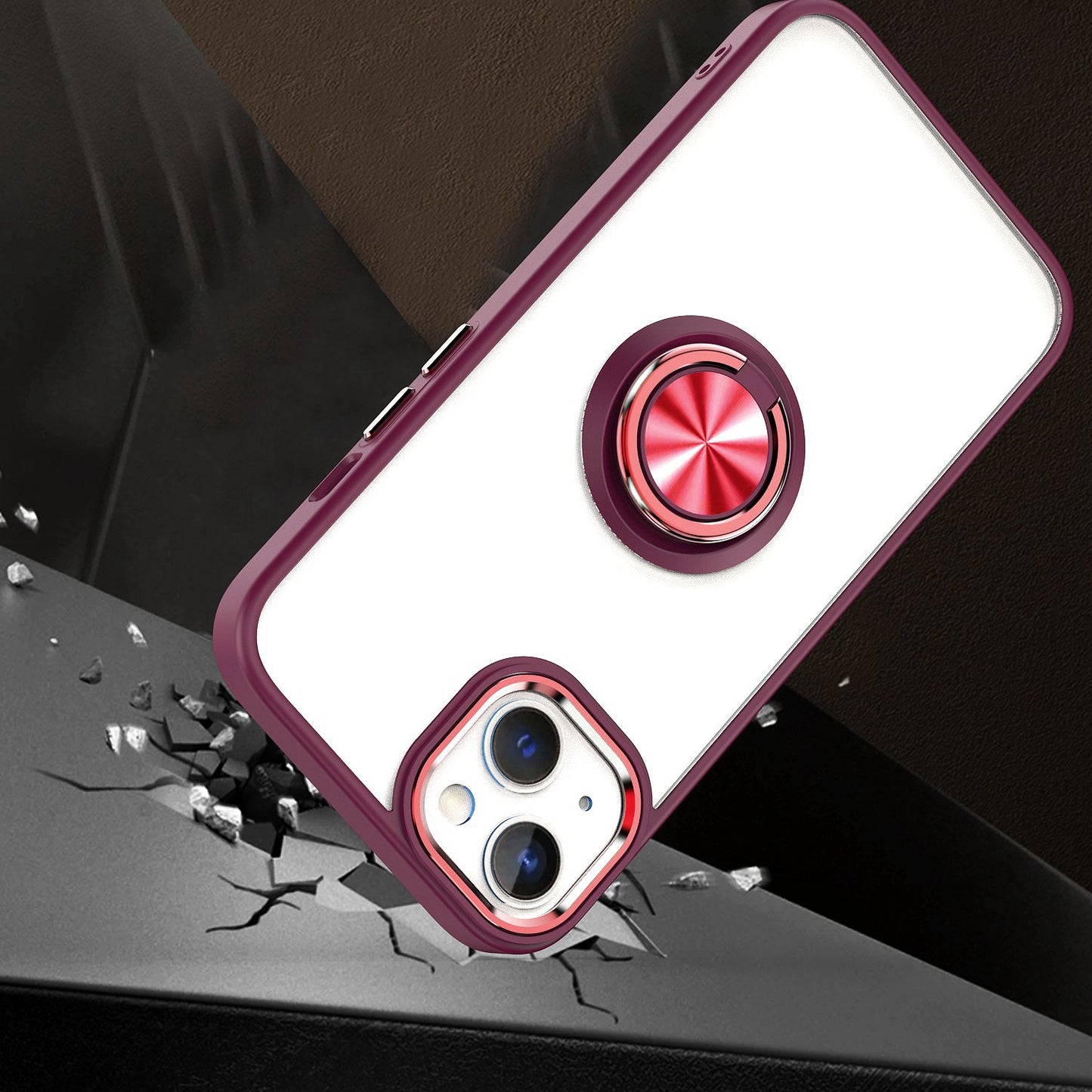 For Apple iPhone 13 Pro Max (6.7") Slim Transparent Shockproof Hybrid Chromed with Magnetic Ring Stand Holder Phone Case Cover