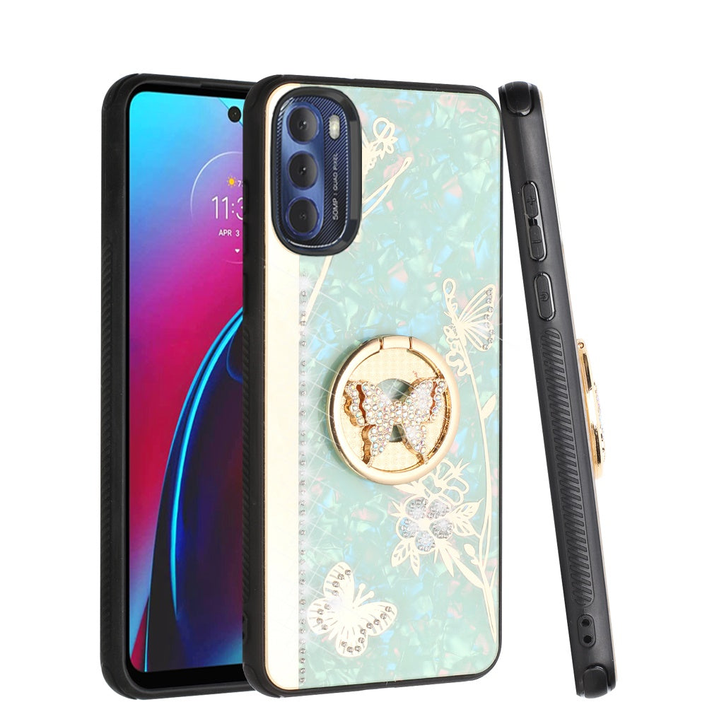 For Motorola Moto G Stylus 4G 2022 Diamond Bling Sparkly 3D Ornaments Engraving Hybrid Ring Stand Holder Fashion Phone Case Cover